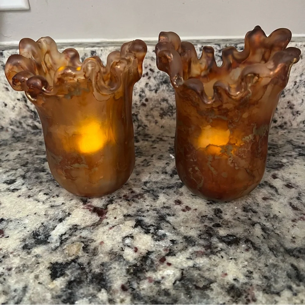 MCM Italian Swung Glass Candle Holders Amber with Metallic Swirls